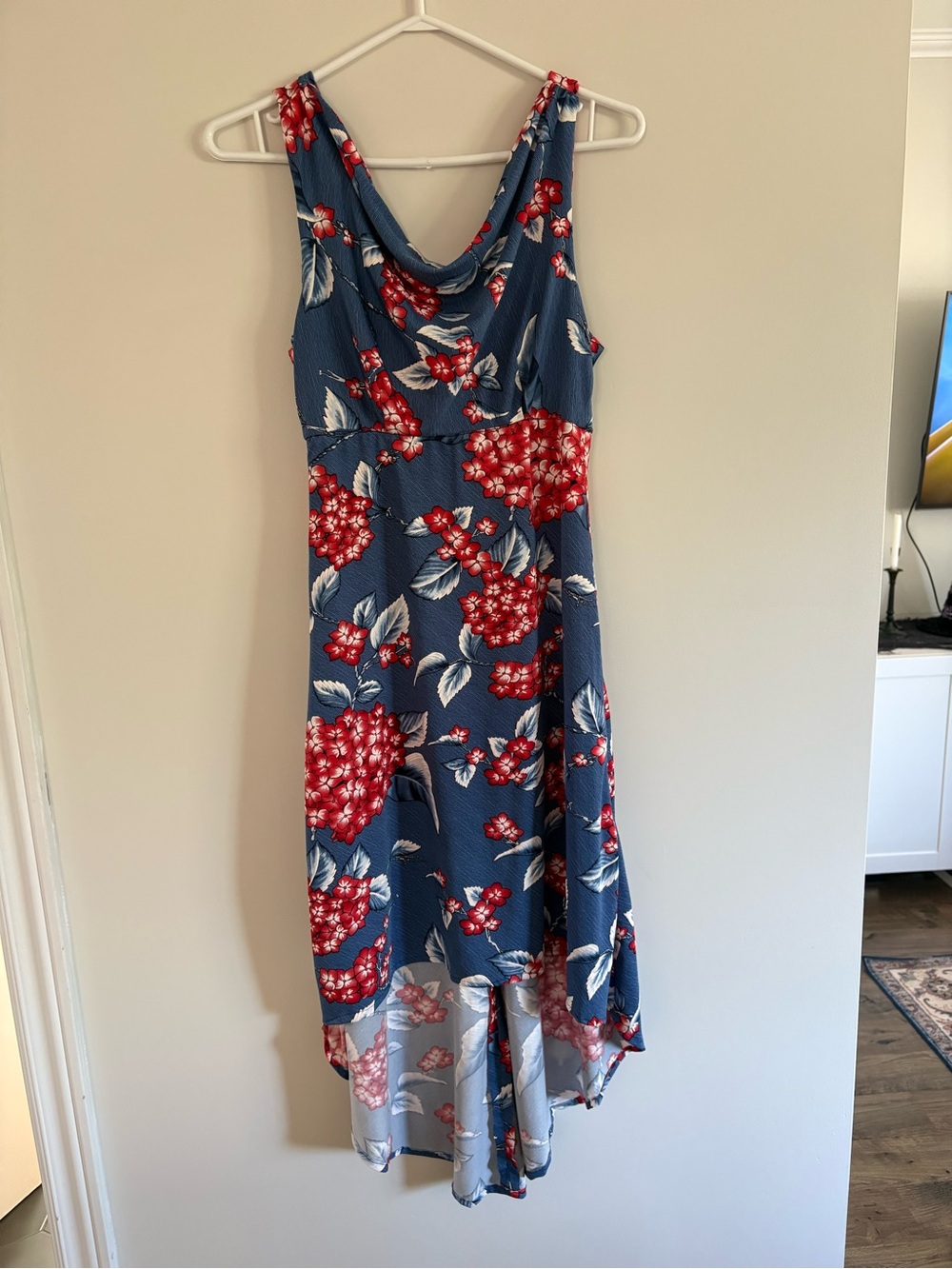 Blue Floral Cowl Neck Dress with High-Low Hem